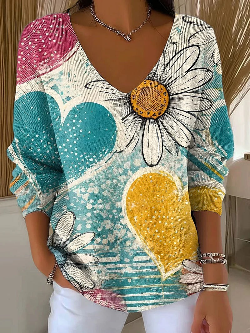 Women's V-neck 3D Printed Fashion Loose Cool Sweater