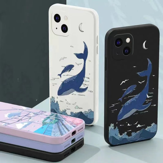 Whale Phone Case Illustration Right Angle Edge Liquid Silicone All-pack Anti-fall Cover