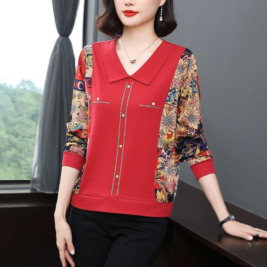 Middle-aged And Elderly Doll Collar Long-sleeve T-shirt Western Style Shirt